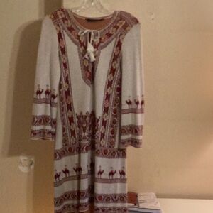 BCBGMaxAzria Red and White Long Sleeve Scoop Neck Bib Collar Dress